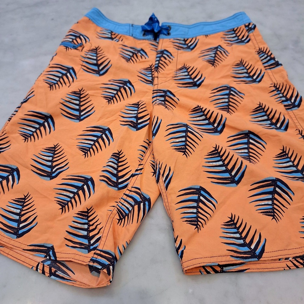 Patagonia Board Shorts Kids Sz 14 Orange Blue Leaf Print Swimtrunks Bathing Suit